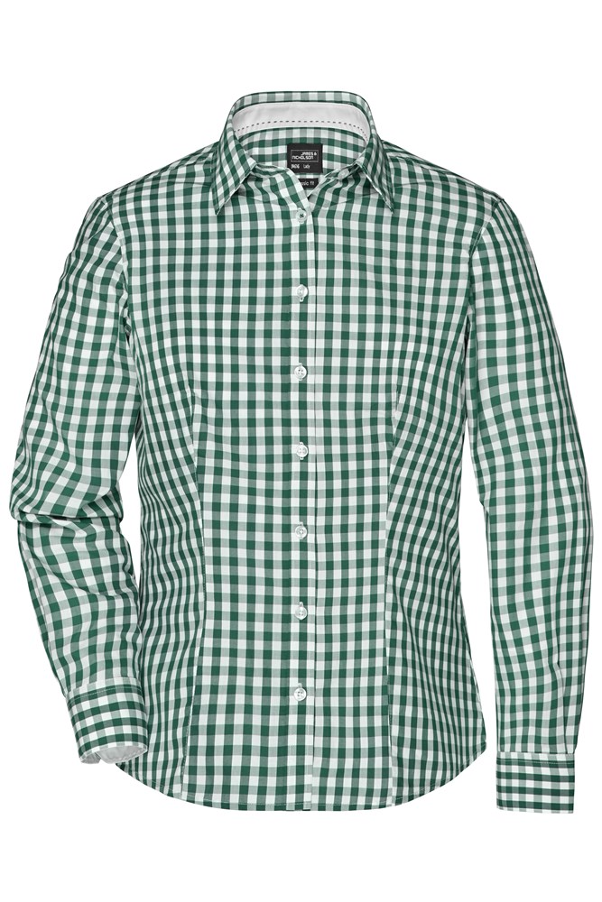 Ladies' Checked Blouse - Forest-green/white (ca. Pantone 567C
white)