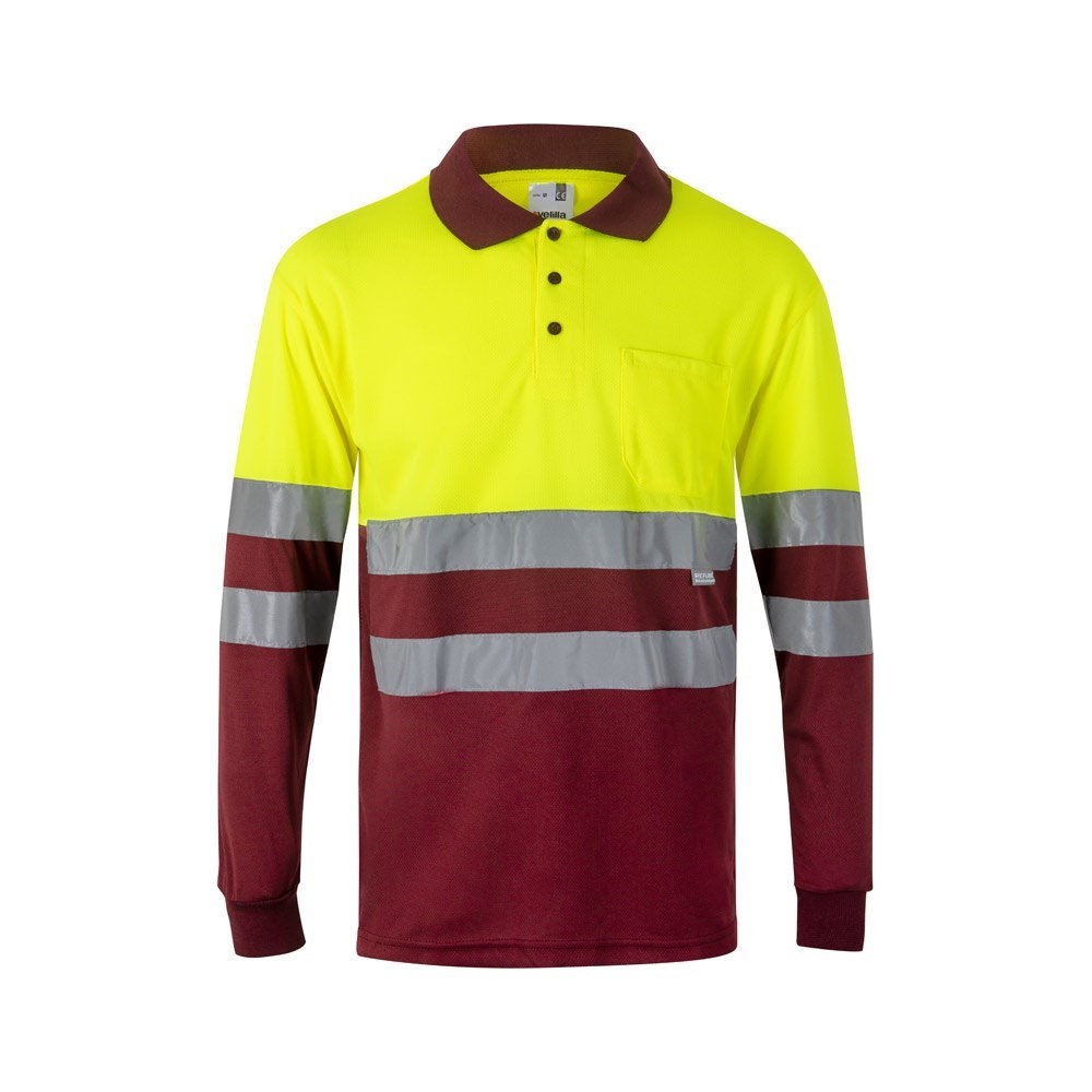VL VULCAN. Zweifarbiges Poloshirt im Bird-Eye-Design (160g/m²) mit langen Ärmeln, aus Polyester (100%) - Burgunder, Gelb