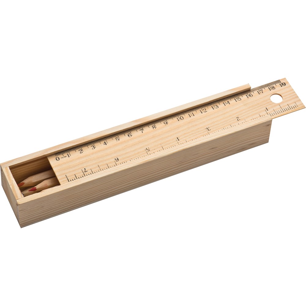 Holzbox mit 8 Buntstiften und Lineal Holzbox mit 8 Buntstiften und Lineal