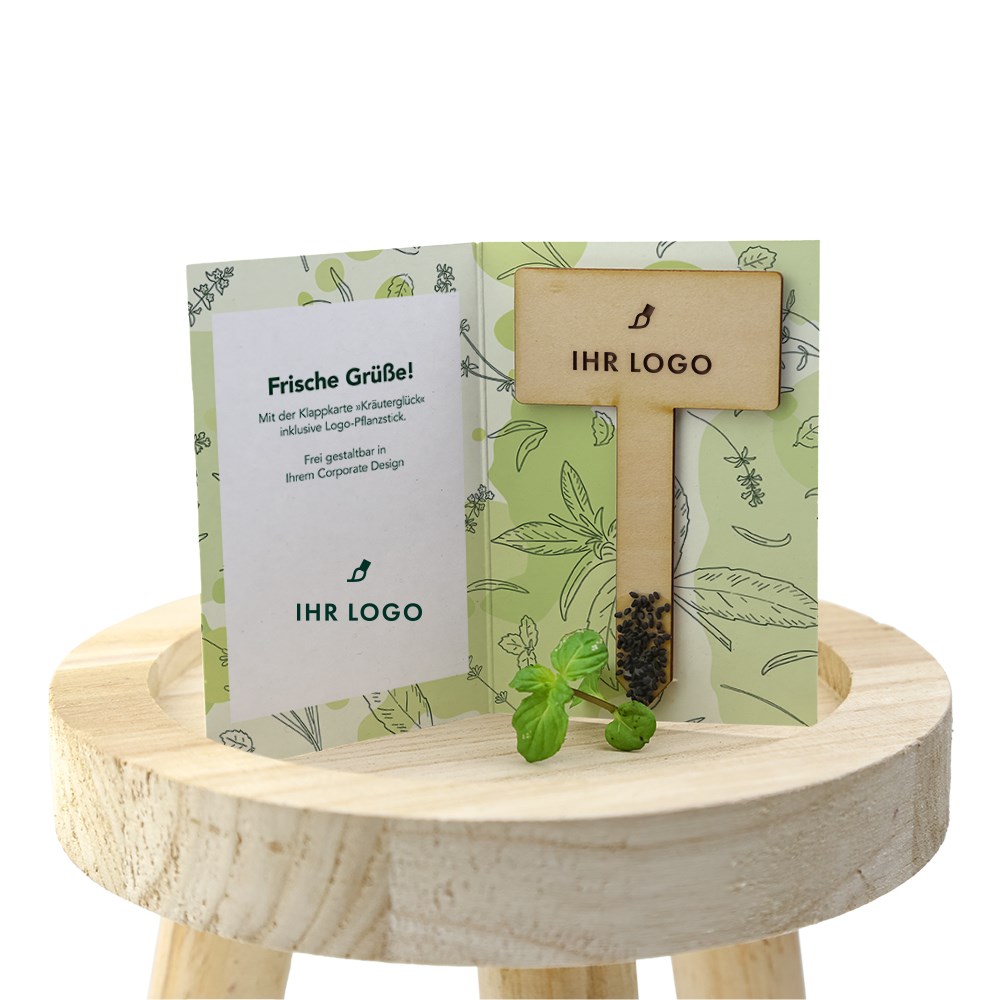 Klappkarte Kräuterglück mit Logo-Pflanzstick Klappkarte Kräuterglück mit Logo-Pflanzstick