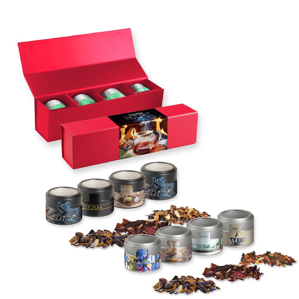 Verschiedene Weihnachts Teesorten, , ca. 120-140g, Geschenk-Set Premium rot mit Magnetverschluss und 4 Metalldosen Mini mit Sichtfenste