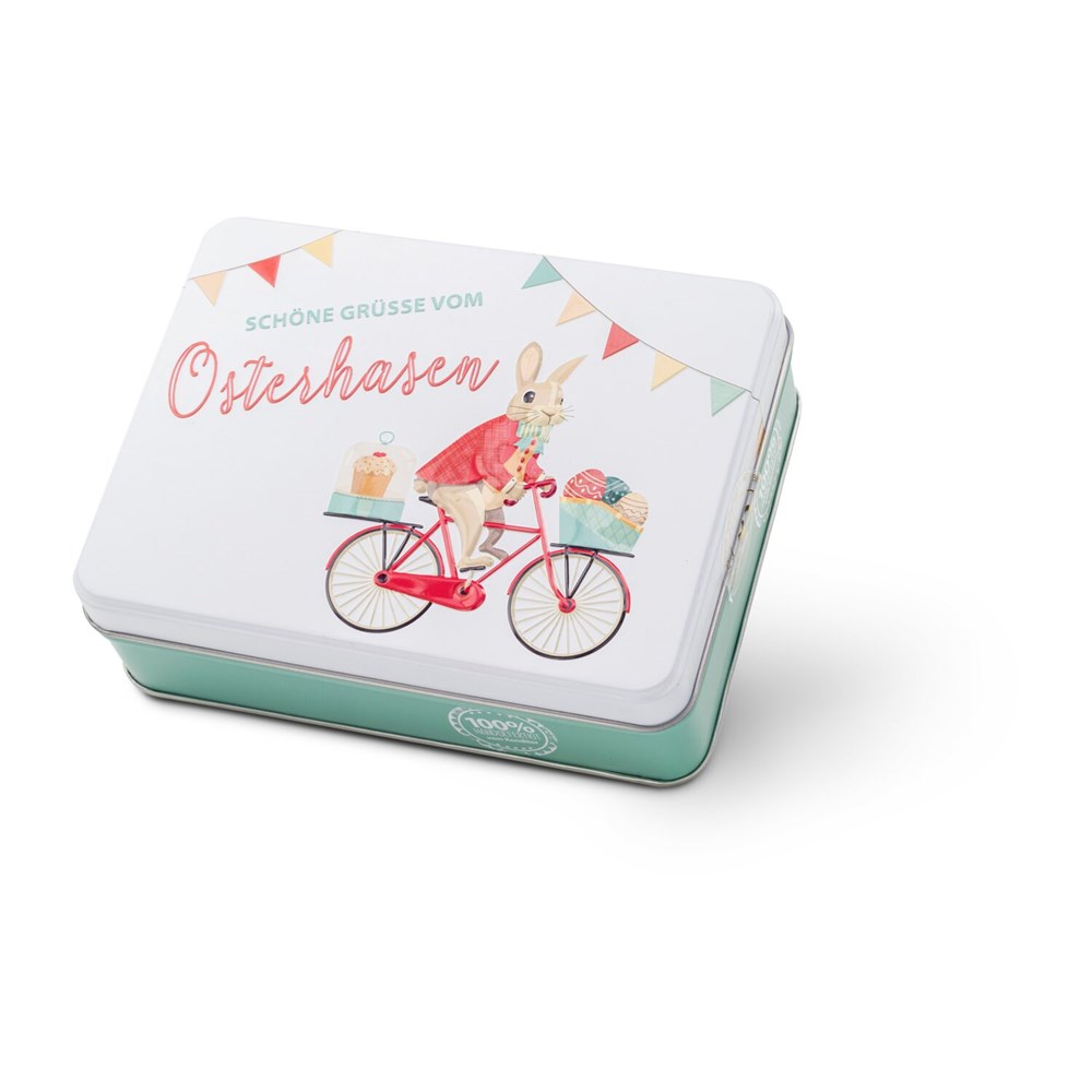 Hasenvater auf dem Fahrrad - Pralinendose mit 125 g Hasenvater auf dem Fahrrad - Pralinendose mit 125 g