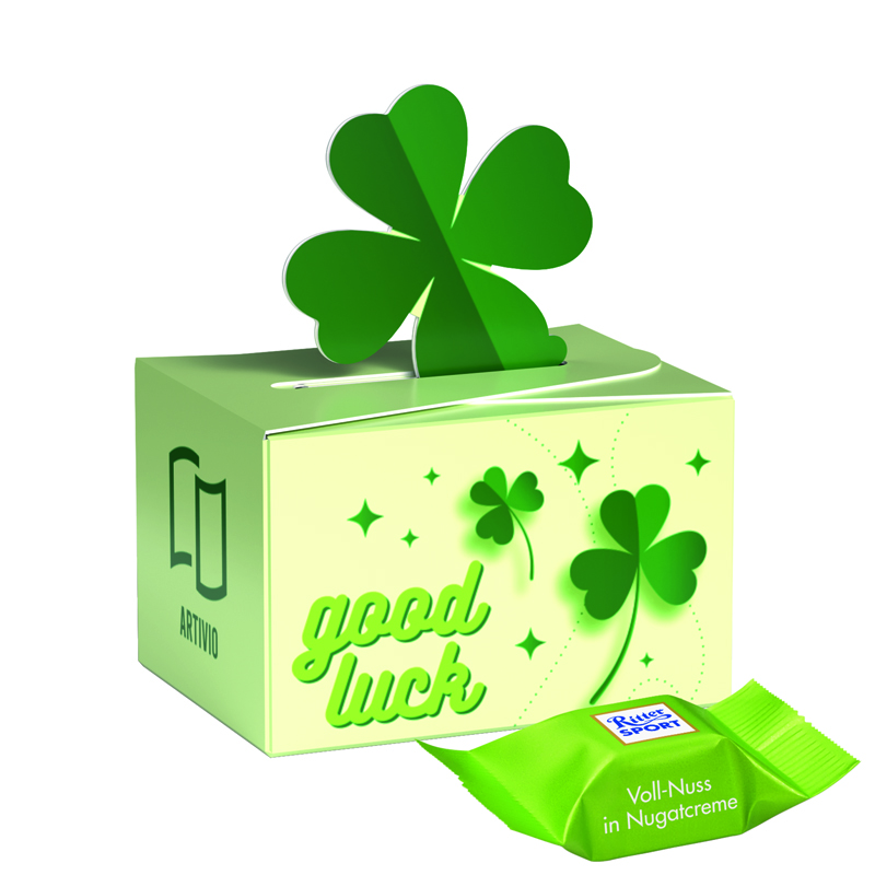 Geschenkbox Mini Kleeblatt, Ritter SPORT Schokowürfel Vollnuss Nougatcreme