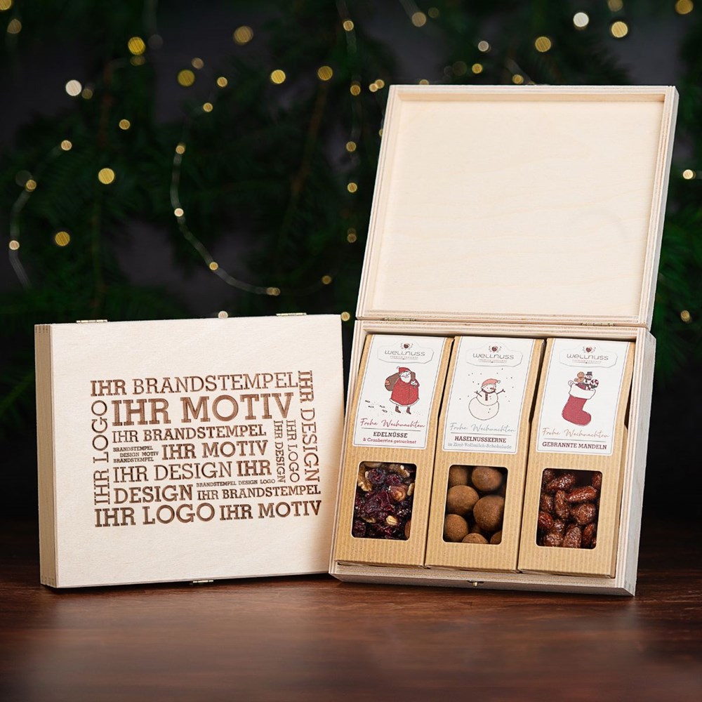 3 Premium Snacks in der Birkenholzbox - Weihnachts-Edition