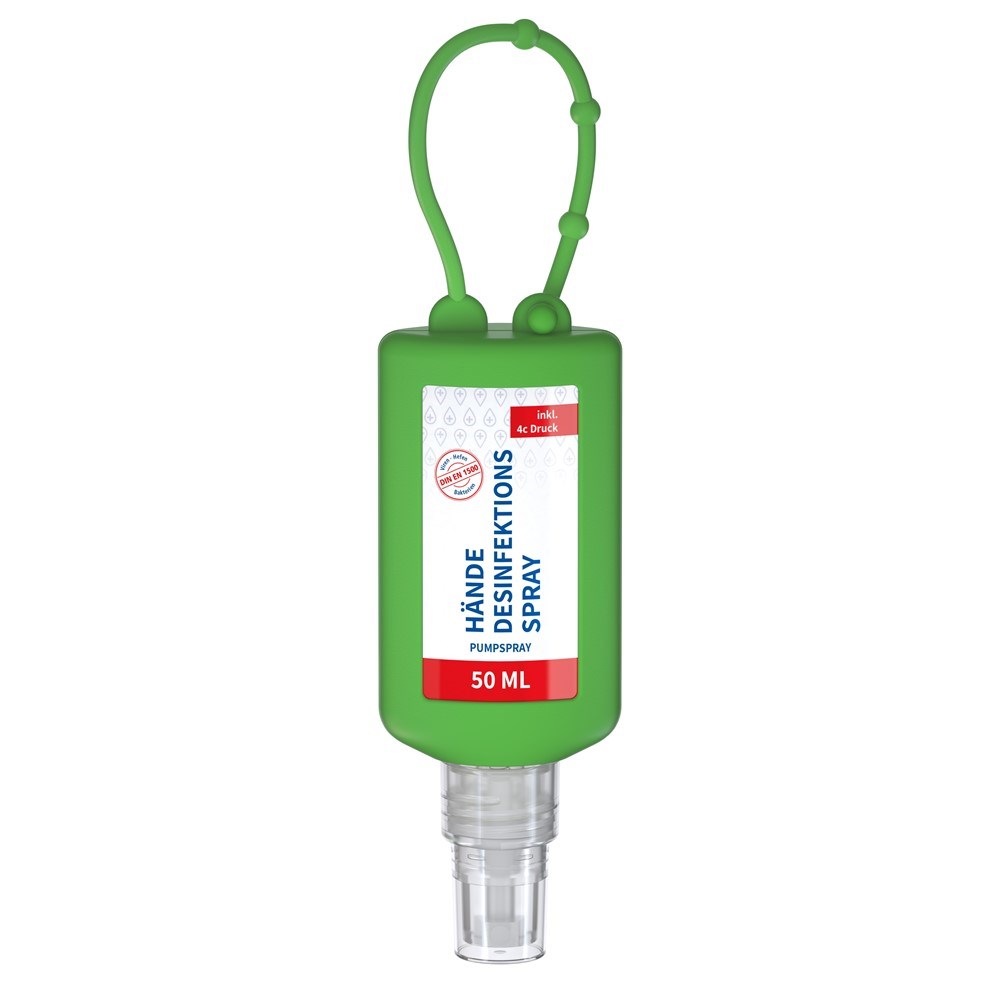 Hände-Desinfektionsspray (DIN EN 1500), 50 ml Bumper grün, Body Label (R-PET) Hände-Desinfektionsspray (DIN EN 1500), 50 ml Bumper grün, Body Label (R-PET)