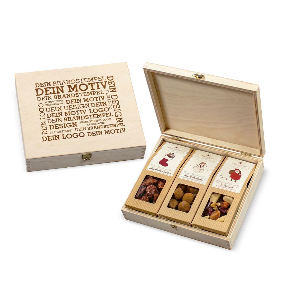 3 Premium Snacks in der Birkenholzbox - Weihnachts-Edition