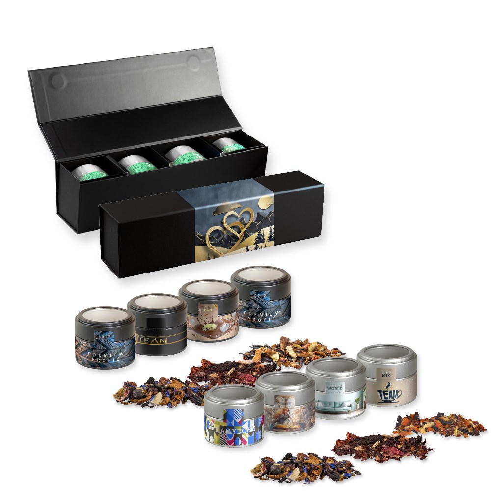 Verschiedene Weihnachts Teesorten, , ca. 120-140g, Geschenk-Set Premium schwarz mit Magnetverschluss und 4 Metalldosen Mini mit Sichtfenster
