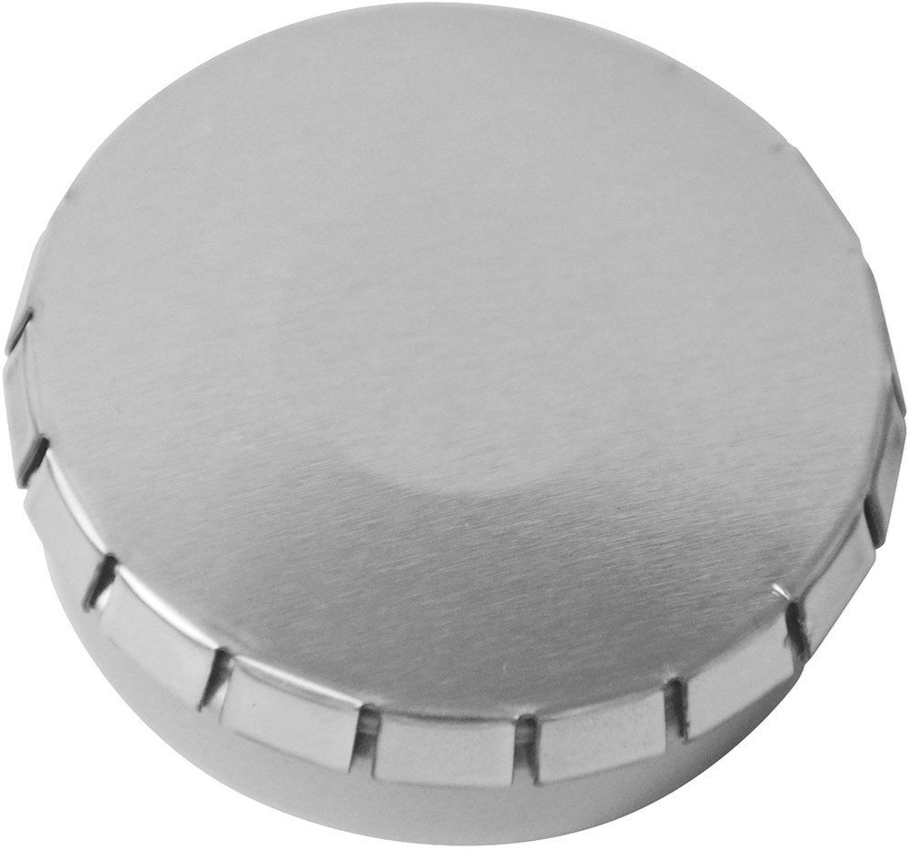 SUPER-MINI-Drück-mich-Dose silber-glänzend mit Pulmoll Pastillen SUPER-MINI-Drück-mich-Dose silber-glänzend mit Pulmoll Pastillen