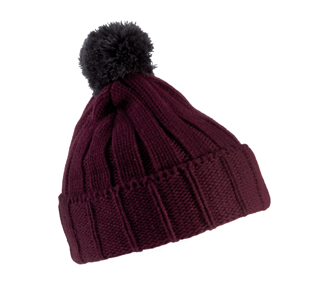 KP519 - Bommelmütze mit Umschlag. - Burgundy / Dark Grey