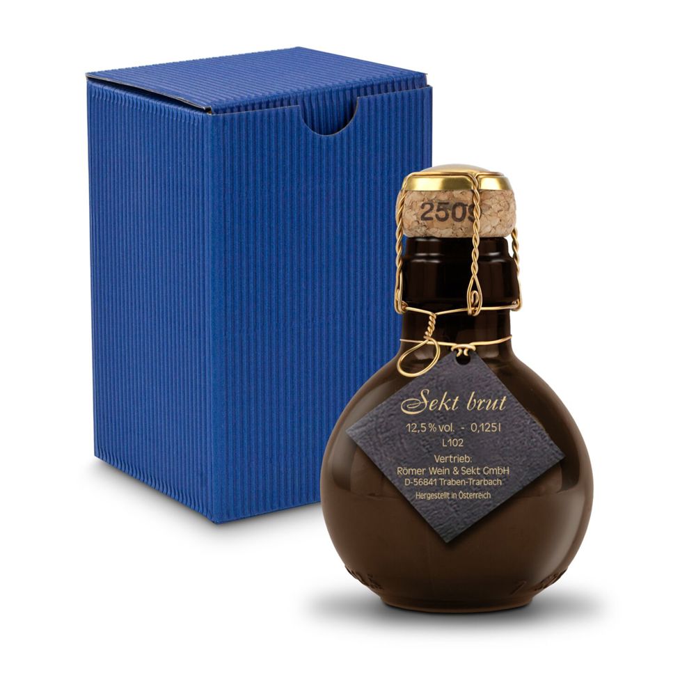 Kleinste Sektflasche der Welt! schwarzer Anhänger - Inklusive Geschenkkarton in Blau, 125 ml