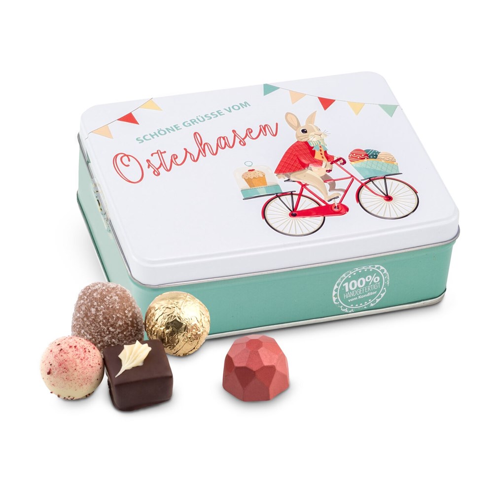 Hasenvater auf dem Fahrrad - Pralinendose mit 125 g Hasenvater auf dem Fahrrad - Pralinendose mit 125 g