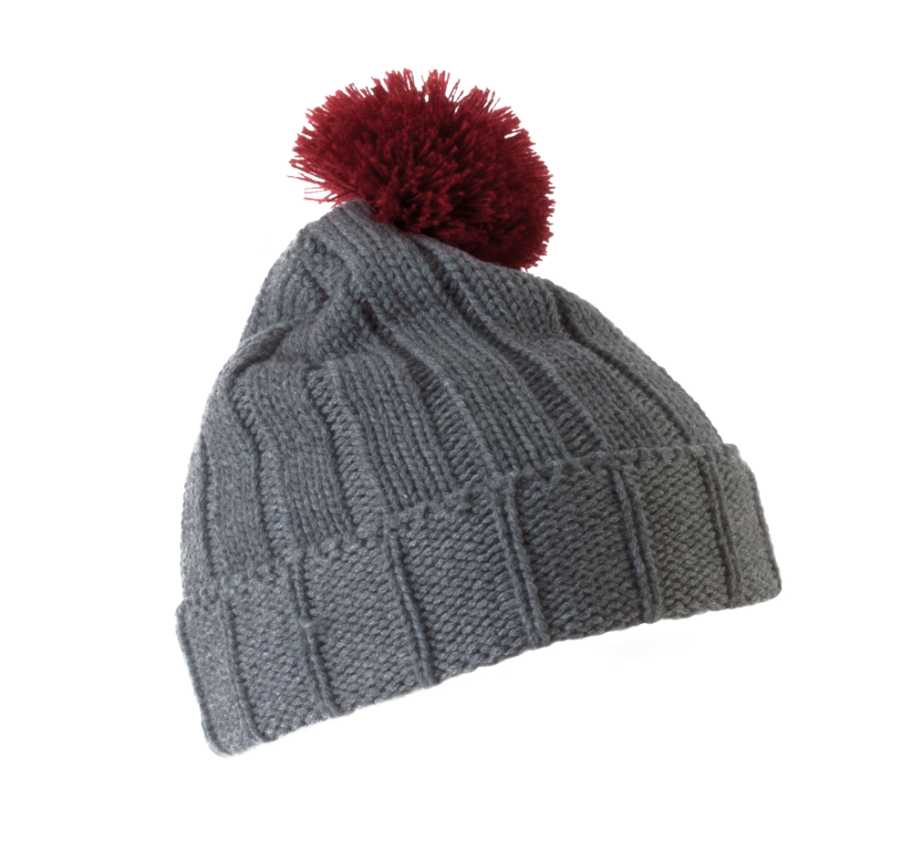 KP519 - Bommelmütze mit Umschlag. - Grey / Burgundy