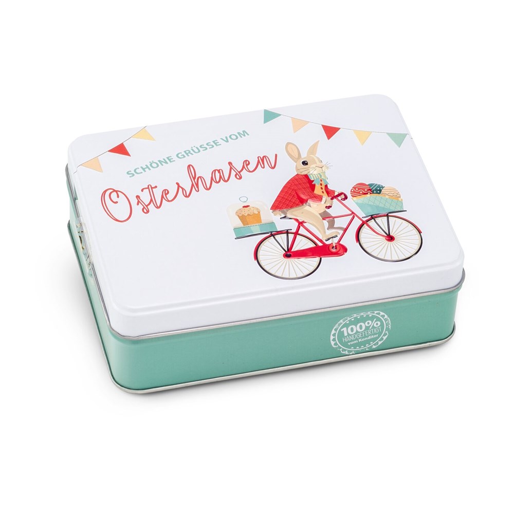 Hasenvater auf dem Fahrrad - Pralinendose mit 125 g Hasenvater auf dem Fahrrad - Pralinendose mit 125 g