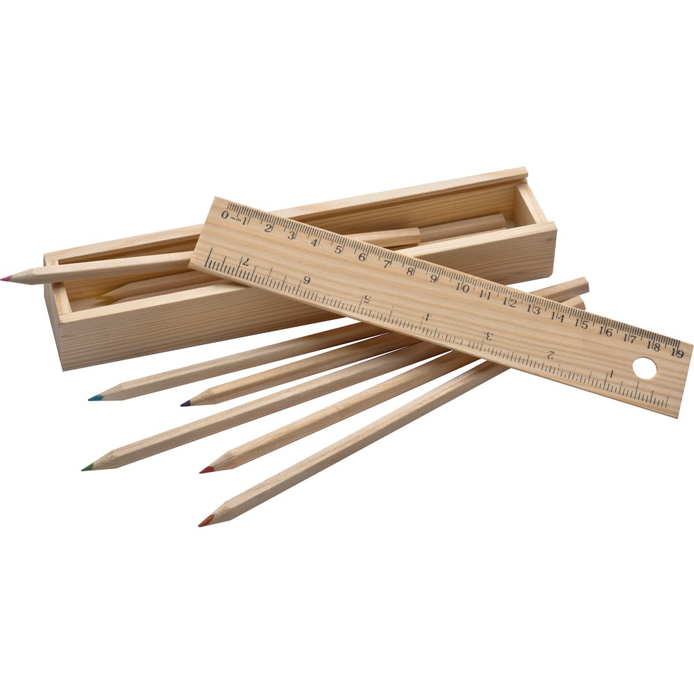Holzbox mit 8 Buntstiften und Lineal Holzbox mit 8 Buntstiften und Lineal