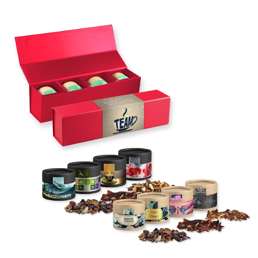 Verschiedene Weihnachts Teesorten, , ca. 80-120g, Geschenk-Set Premium rot mit Magnetverschluss und 4 Kraftpapierdosen Mini